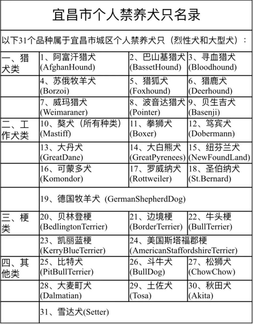 宜昌禁止养大型犬名单 2023宜昌个人禁养犬只名录名单