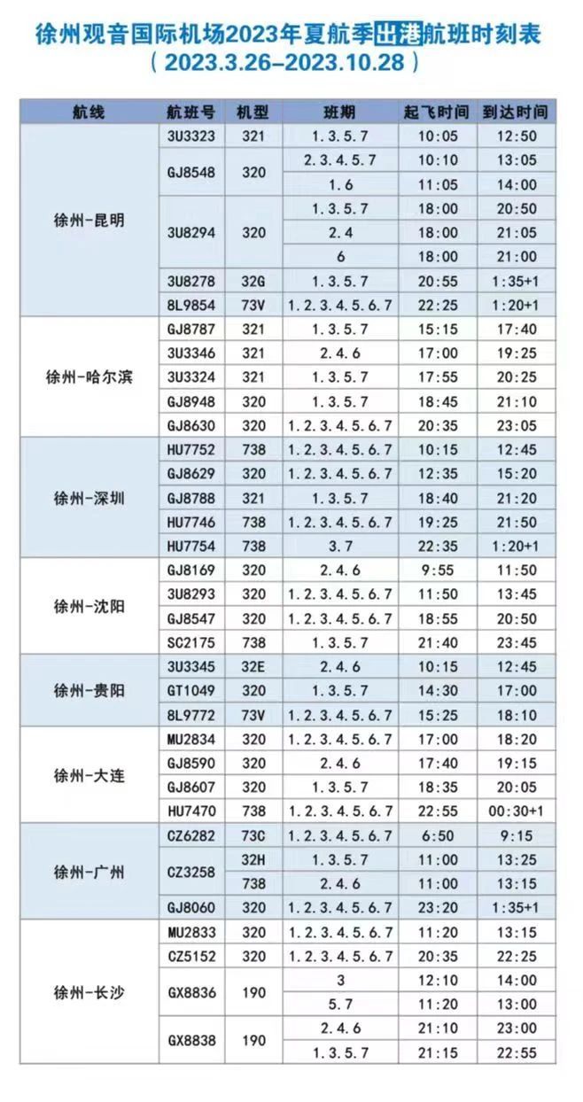 2023徐州观音国际机场厦航季航班时刻表