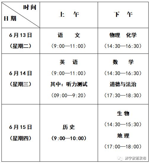 2023济宁初中学业水平考试时间及科目安排