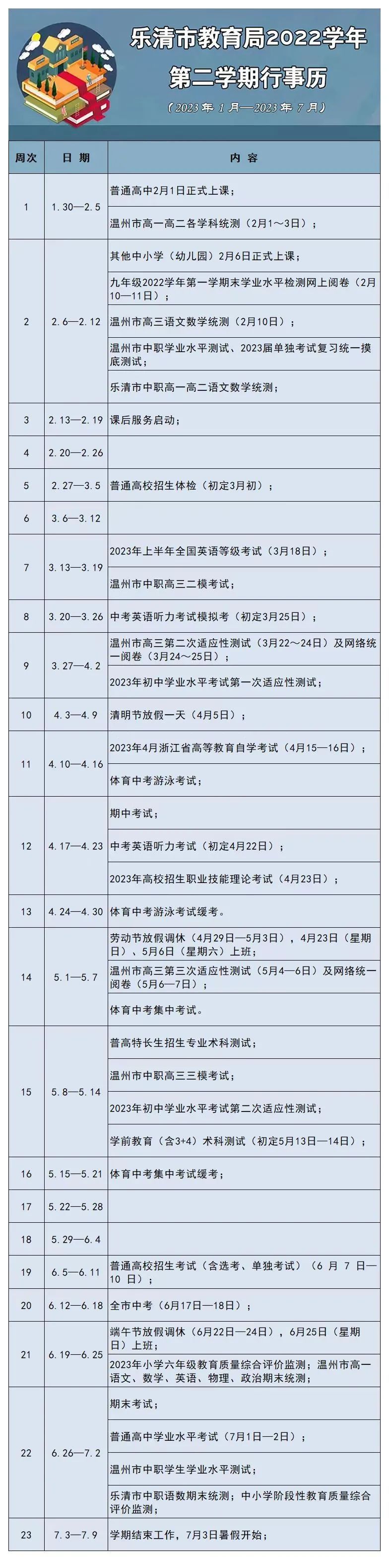 温州乐清市中小学期末考试时间和暑假时间