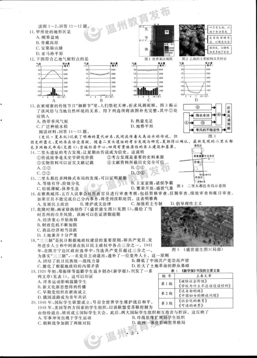 2023年温州市中考全科目试卷及参考答案一览