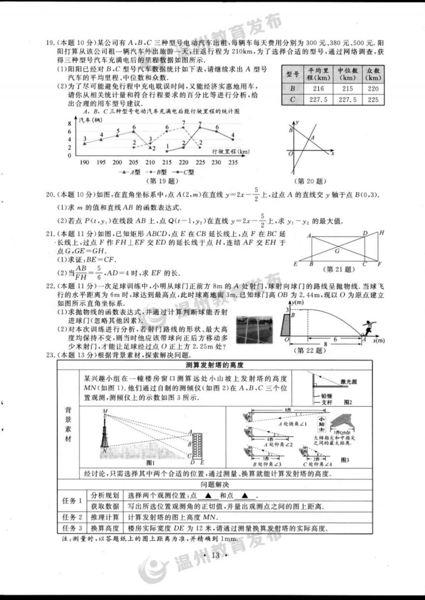 2023年温州市中考全科目试卷及参考答案一览