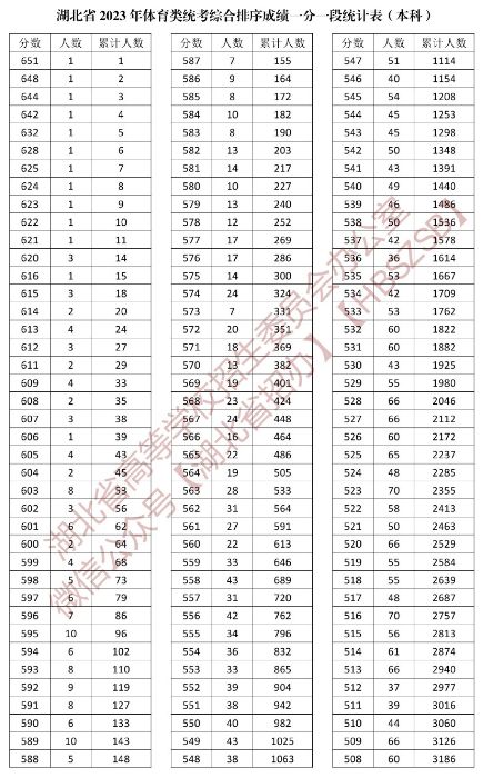 本科+专科 2023年湖北高考成绩体育类一分一段统计表