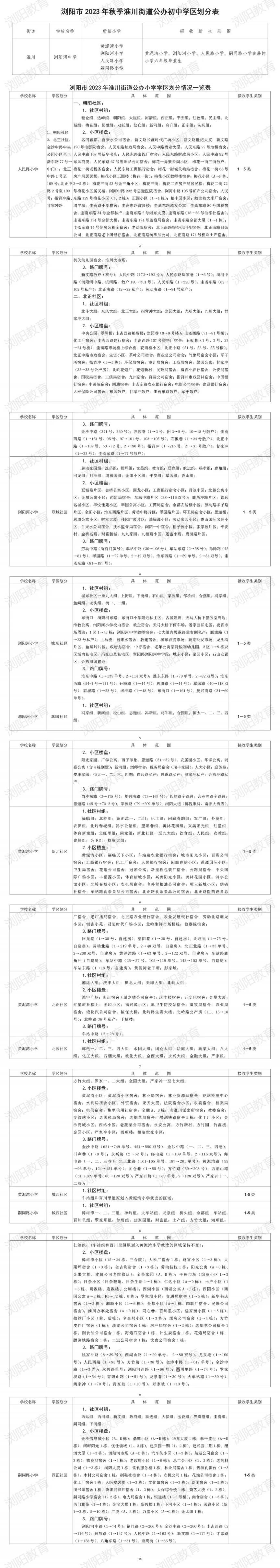 2023浏阳淮川街道公办小学及初中学区划分表